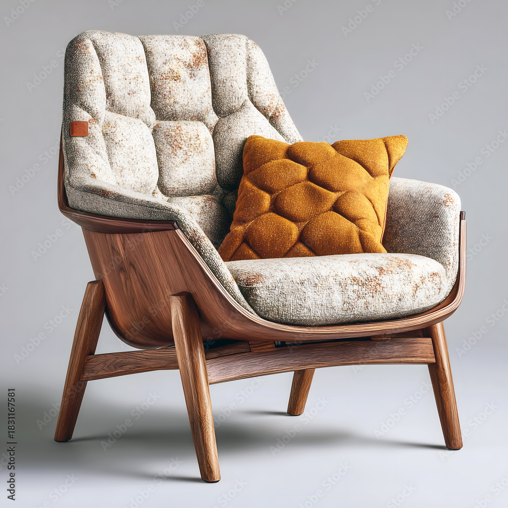 Fototapeta premium Modern upholstered armchair with wooden frame and mustard yellow cushion on a grey background.