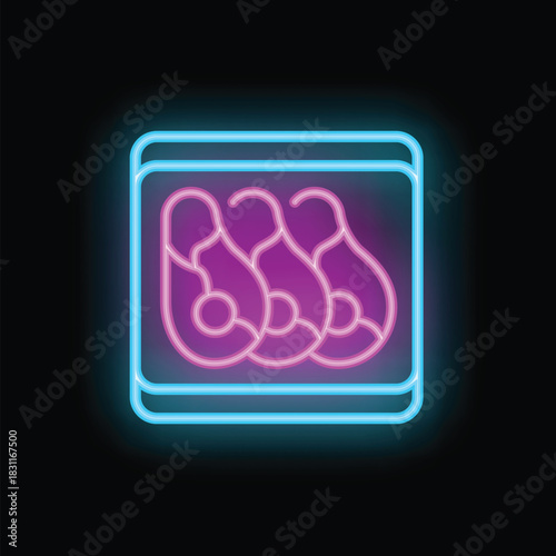 Glowing neon icon of three pears in a box, representing a healthy lifestyle, isolated on a black background