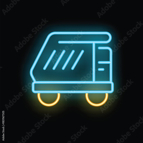 Neon sign representing a train with bright yellow wheels on black background