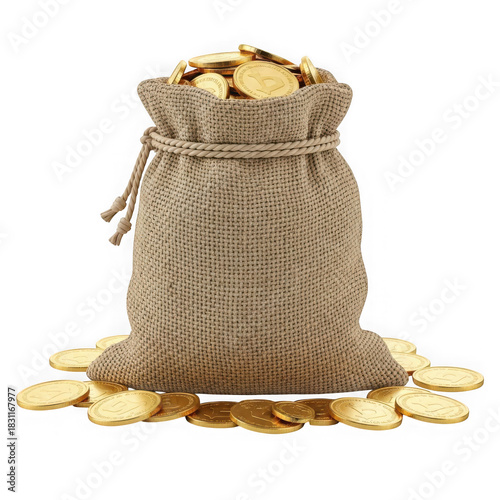 Burlap sack filled with gold coins spilling out onto a surface isolated on a transparent background