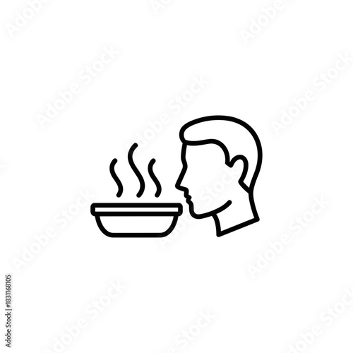 Man inhaling steam from bowl in simple line art style  