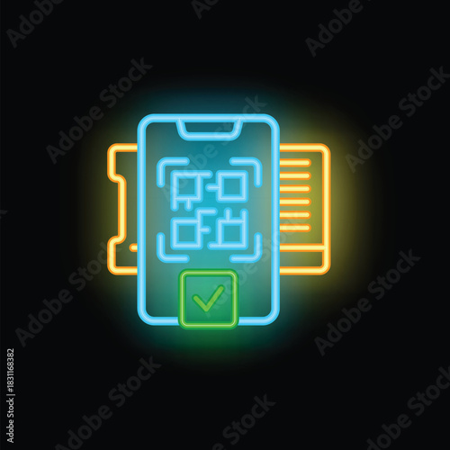 Smartphone scanning qr code on ticket with green checkmark displayed on screen in neon style