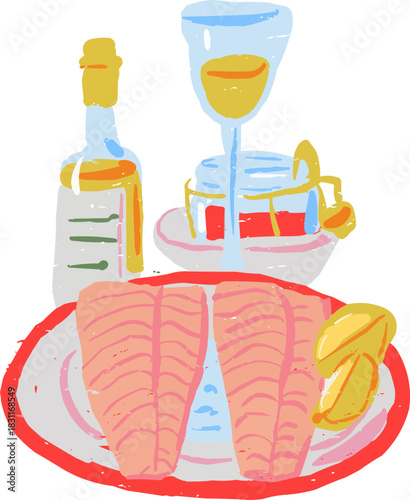 Textured Doodle Salmon Fillet White Wine Glass Bottle