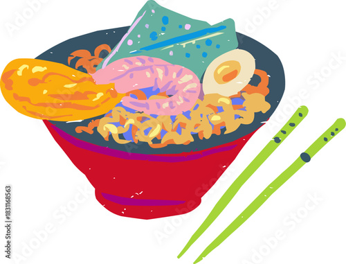 Doodle Ramen Bowl with Traditional Chinese Chopsticks