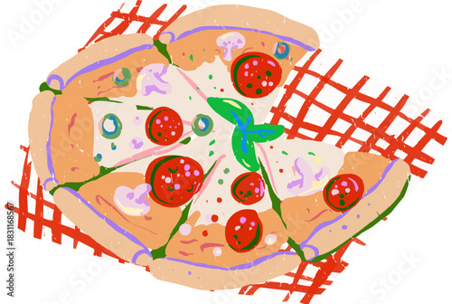 Textured Doodle Pizza on Checked Napkin with Mushrooms Bacon