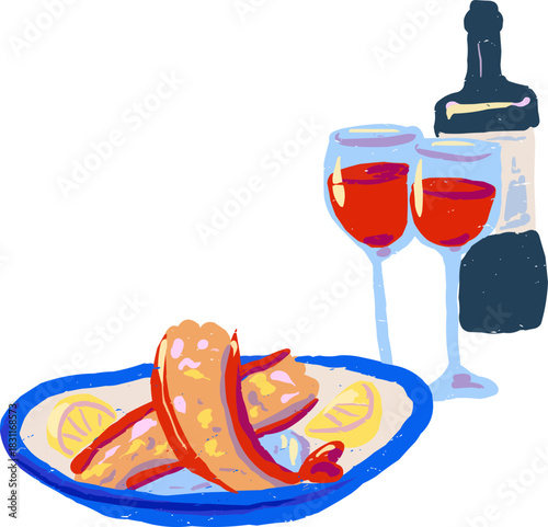 Textured Doodle Plate Lobster Sauce Two Wine Glasses Bottle