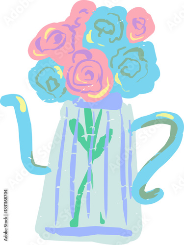 Full Color Textured Doodle Glass Vase with Flowers