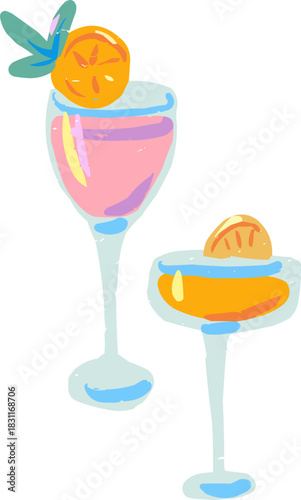 Textured Doodle Two Cocktails Orange Slices Decoration