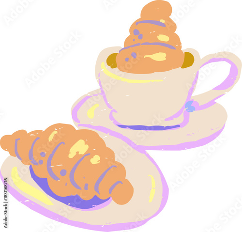 Doodle Croissant in Coffee Foam Hat with Second on Saucer