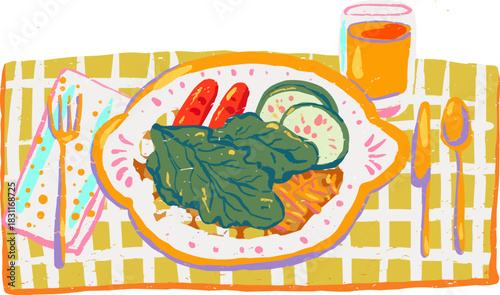 Textured Doodle Table Setting Salad Sausage Juice Glass