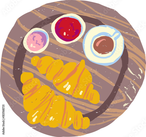 Doodle Two Croissants Jam Coffee on Wooden Board