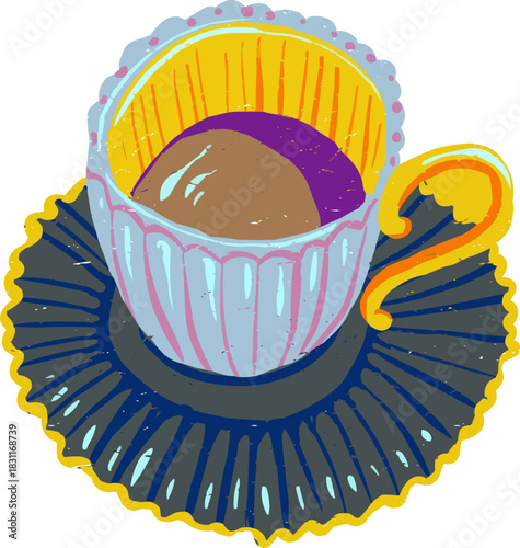 Full Color Textured Doodle Blue Tea Cup and Saucer