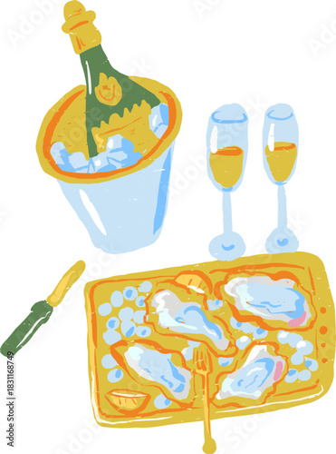 Textured Doodle Gold Tray Oysters Champagne Bottle Vase