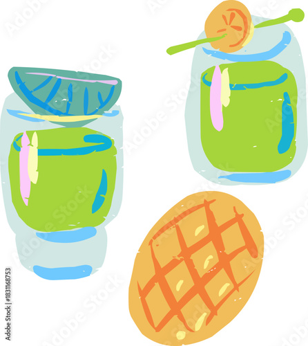 Textured Doodle Two Tequila Glasses and Mango Slice