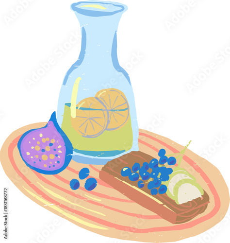 Doodle Lemonade Pitcher Grapes Fruit on Wooden Board