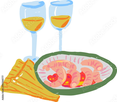 Doodle Shrimp Sauce White Wine Glasses Gold Napkin
