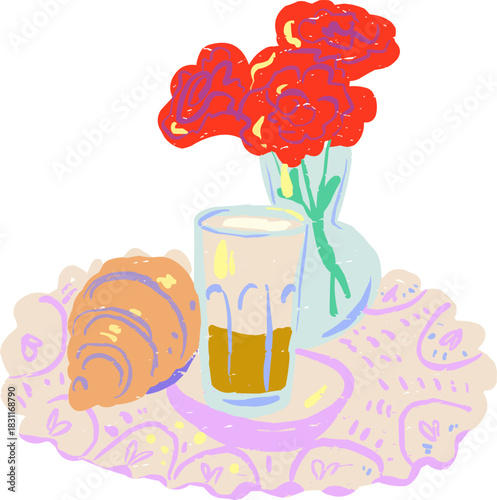 Textured Doodle Latte Croissant Composition Flower Bouquet
