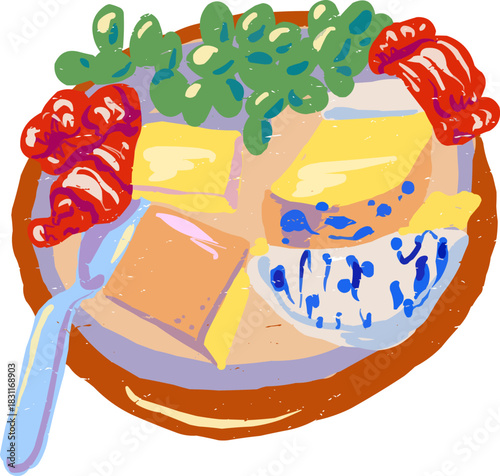 Doodle Cheese Platter French Cheeses Bacon Grapes Wooden Board