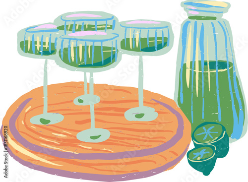 Doodle Four Glasses Lime Lemonade Pitcher Wooden Board