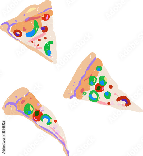 Full Color Textured Doodle Three Pizza Slices in Flight