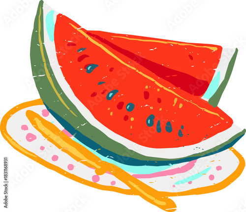 Doodle Full Color Textured Watermelon Slices on Plate