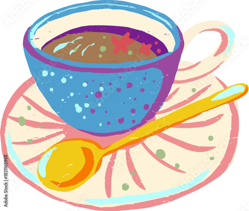 Distressed Doodle Blue Tea Cup with Golden Spoon