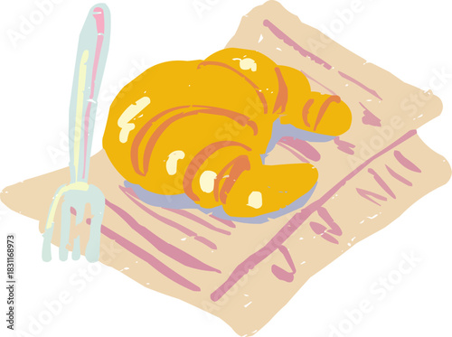 Textured Doodle Croissant on Kraft Napkin with Fork