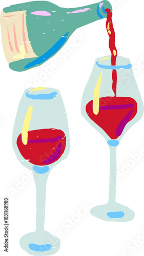 Doodle Red Wine Pouring into Glass Next to Full Glass