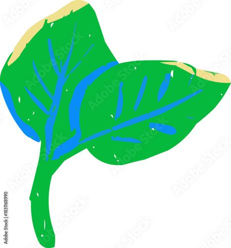 Textured Doodle Isolated Green Basil Leaves Set