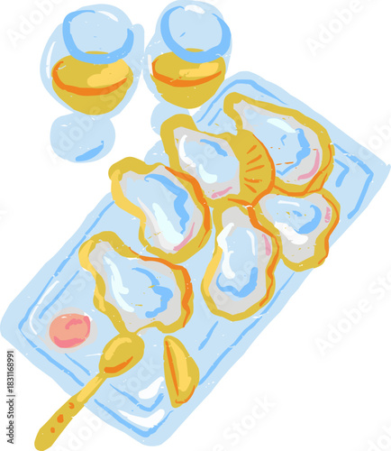 Doodle Tray of Oysters with Two Glasses of White Wine