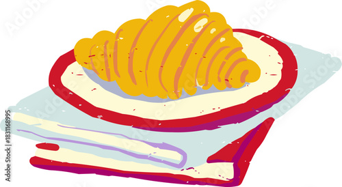 Doodle Croissant on Plate Stacked atop Two Books