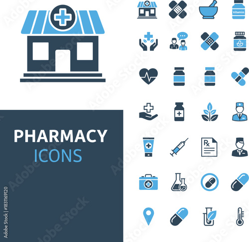 Pharmacy icon set, medicine, healthcare, prescription, hospital, medical tools, treatment, wellness, drugstore, flat vector illustration