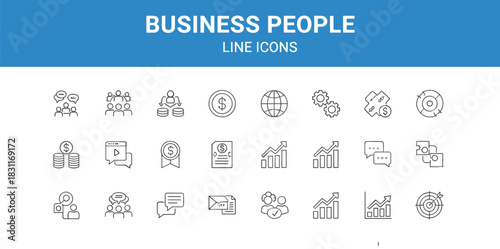 Business icon set, finance, teamwork, strategy, communication, global, chart, puzzle, dollar, growth, planning, flat vector illustration