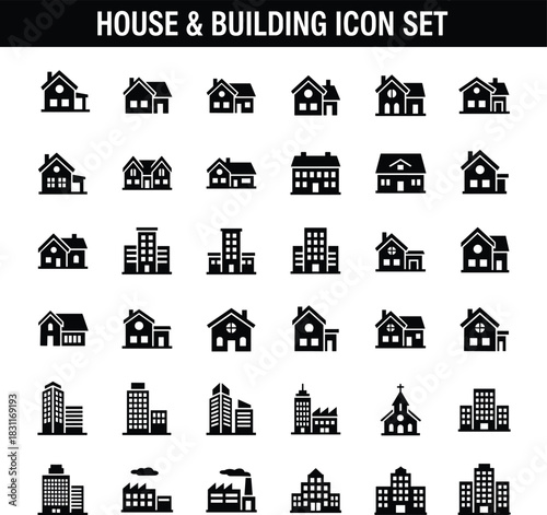House and building icon set, home, apartment, office, factory, church, architecture, real estate, silhouette, flat vector illustration