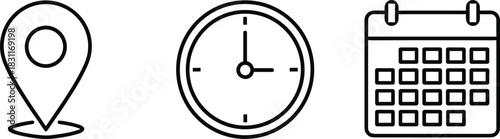 Location pin icon, time clock symbol, calendar date graphic, planning concept, schedule interface, event organizer, flat vector illustration