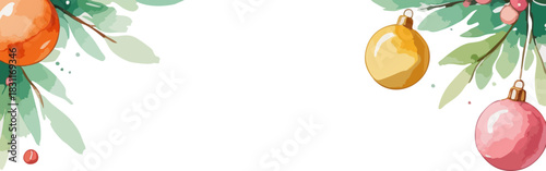 A soft watercolor holiday border featuring pastel green foliage and peach ornaments arranged on the left and right sides, leaving a wide clean space in the center for text or design.