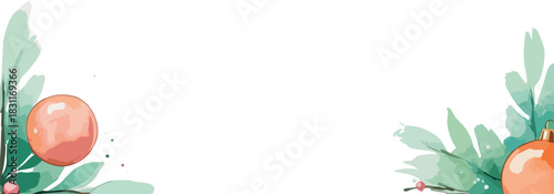 A soft watercolor holiday border featuring pastel green foliage and peach ornaments arranged on the left and right sides, leaving a wide clean space in the center for text or design.