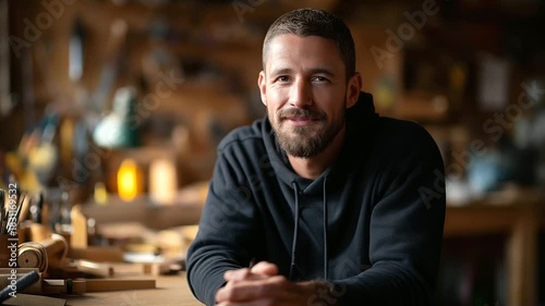 Brand founder portrait shoot in workshop, tools on wall, authentic craft story, warm tones, with copy space