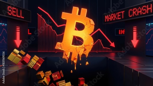 Visualizing Cryptocurrency Market Crash with Bitcoin Symbol and Downward Charts