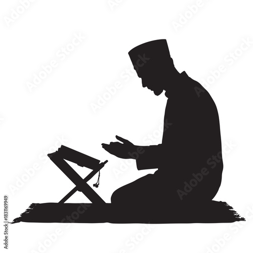 Silhouette of a Muslim man praying with hands raised reading the Quran on a stand vector illustration isolated on white