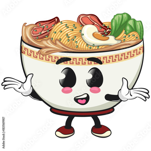 cute ramen noodle bowl mascot welcome with open hands, kawaii asian food cartoon vector illustration, work of hand drawn