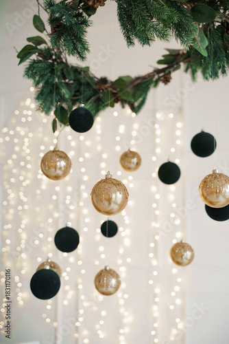 Christmas tree. A bright room decorated with Christmas toys and decorations.