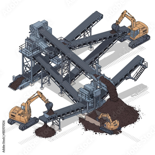 Isometric illustration of a large industrial processing plant with excavators loading material onto a complex network of conveyor belts.