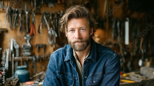 Brand founder portrait shoot in workshop, tools on wall, authentic craft story, warm tones, with copy space