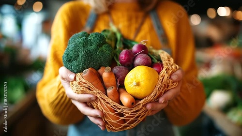 Eco grocery shoot, hands holding produce mesh bag, farmer’s market palette, conscious lifestyle, with copy space