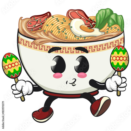 cute ramen noodle bowl mascot plays with maracas, kawaii asian food cartoon vector illustration, work of hand drawn