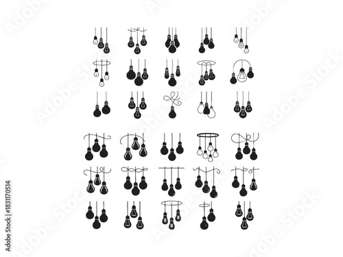 Modern hanging light bulb and chandelier icon set silhouettes Vector