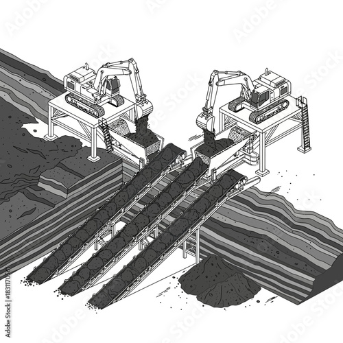 Isometric illustration of an open-pit mining operation with excavators loading material onto multiple conveyor belts for transport.