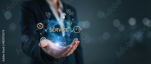 Businesswoman holding service concept with digital icons, customer support, and 247 availability Concept of online assistance and global communication
