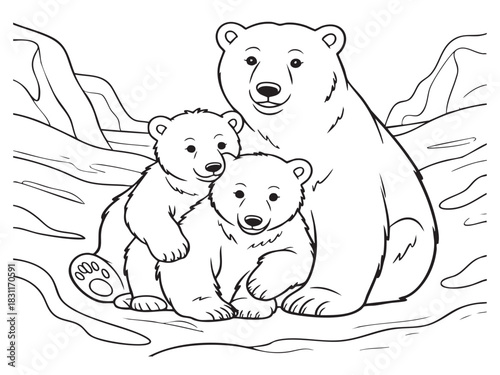 Joyful polar bear mother with two cute cubs line art drawing Vector
